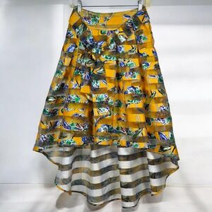 Banjul Bold Floral Print High Low Midi Skirt Sheer Overlay Woman Small Pleated